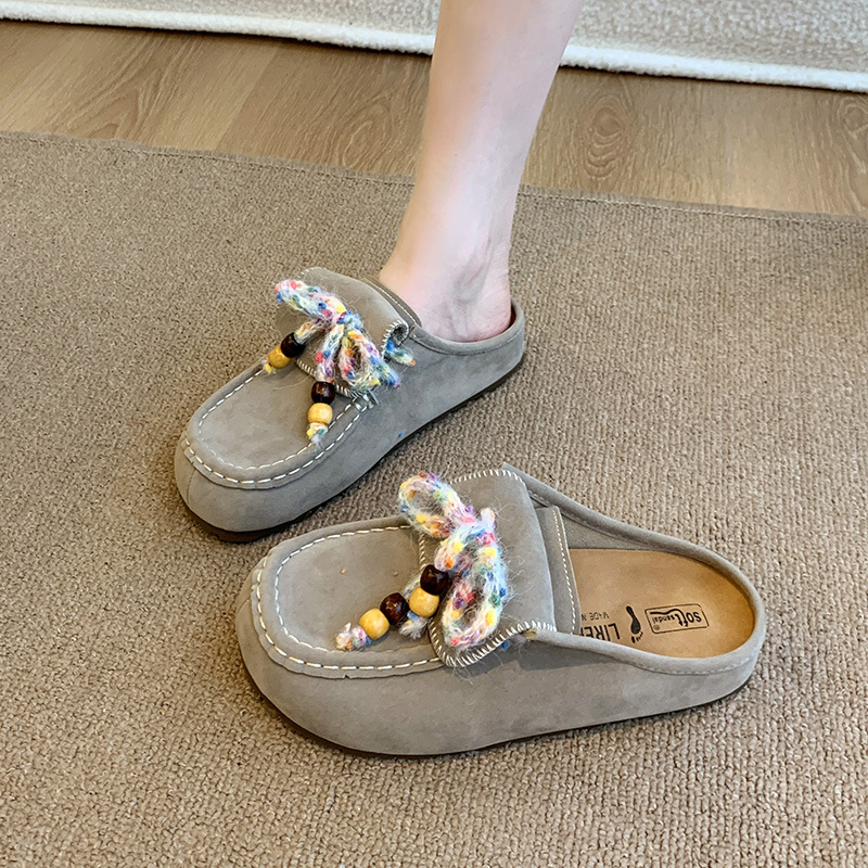 2025 Autumn New Beaded Closed-Toe Half Slippers Women's Clogs Khaki Coffee Gray - Image 2