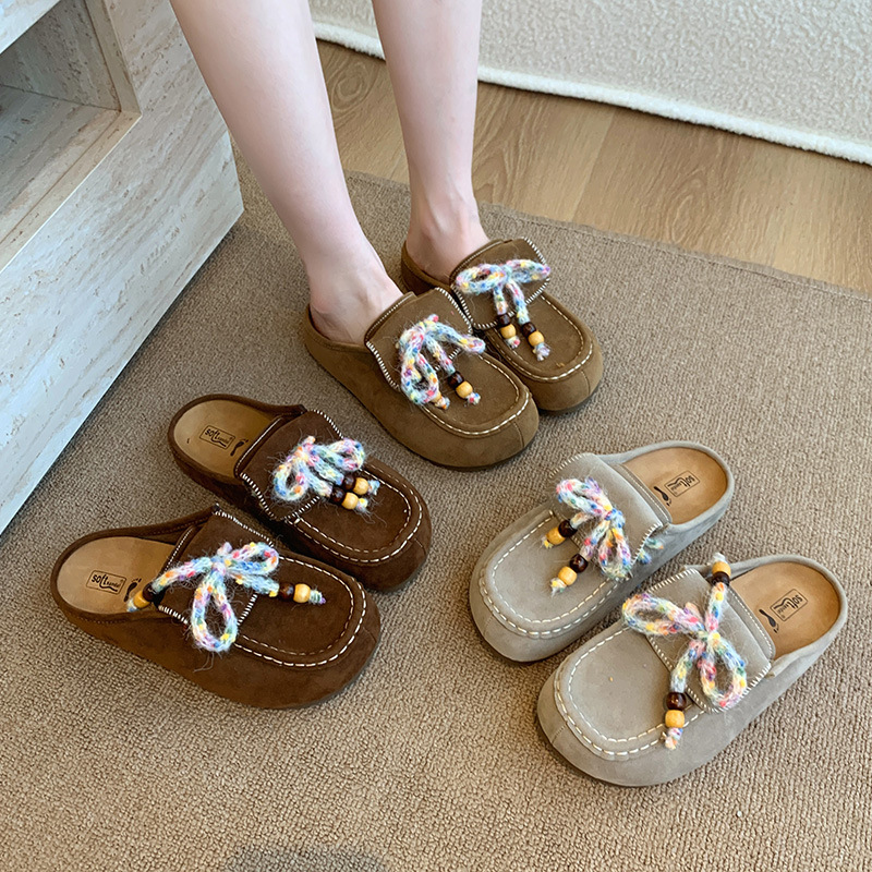 2025 Autumn New Beaded Closed-Toe Half Slippers Women's Clogs Khaki Coffee Gray - Image 4