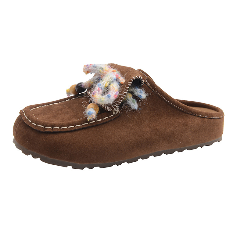 2025 Autumn New Beaded Closed-Toe Half Slippers Women's Clogs Khaki Coffee Gray - Image 5