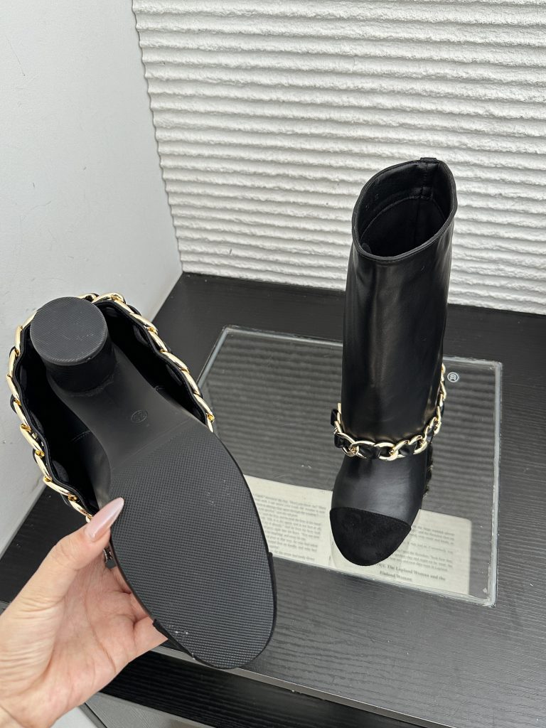 Dumier Women's Chanel Style Chain High Heel Short Boots