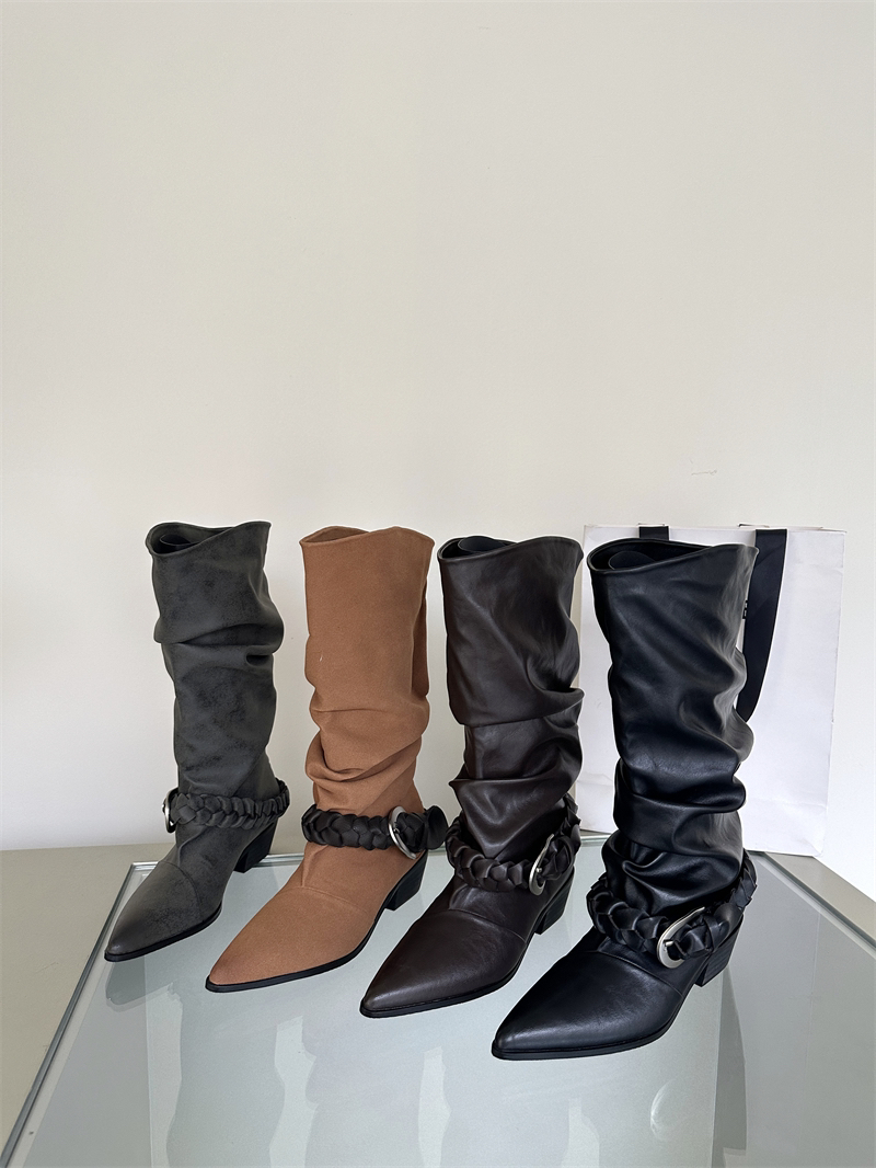 New Autumn Winter Pointed Toe Stacked Mid Calf Boots Women