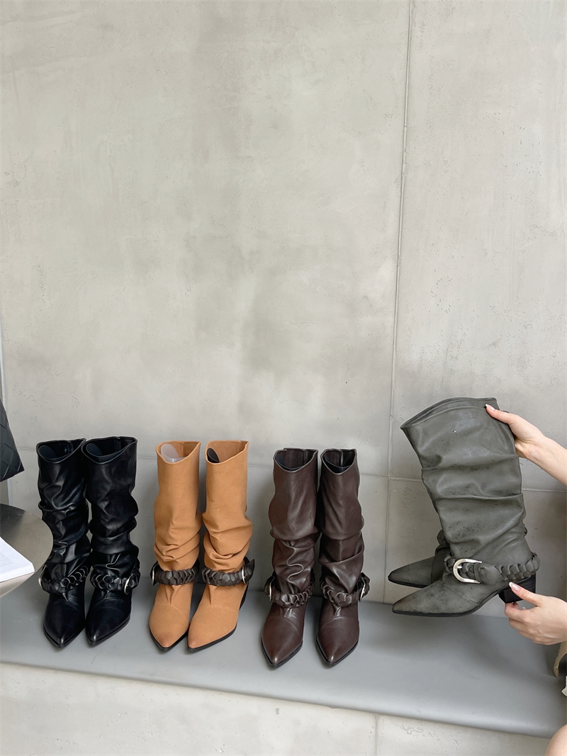 New Autumn Winter Pointed Toe Stacked Mid Calf Boots Women - Image 2