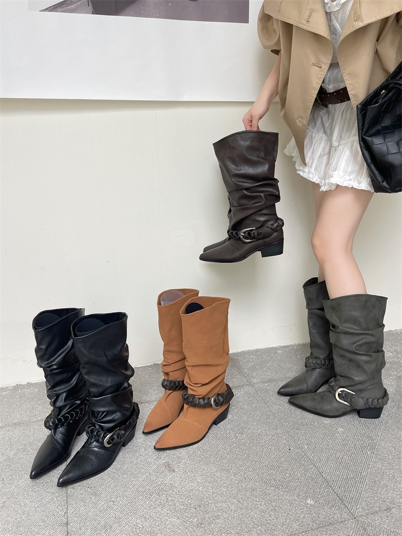 New Autumn Winter Pointed Toe Stacked Mid Calf Boots Women - Image 3