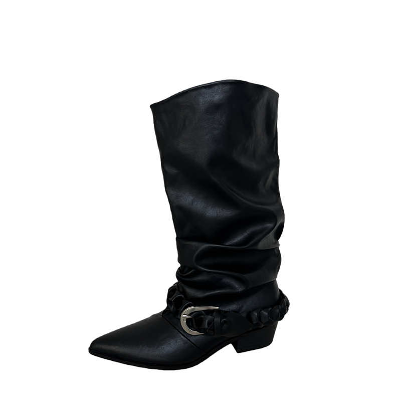 New Autumn Winter Pointed Toe Stacked Mid Calf Boots Women - Image 4